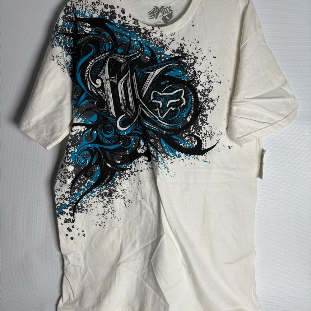 Y2K Fox White and Blue Short Sleeve Tee with Artistic Design
